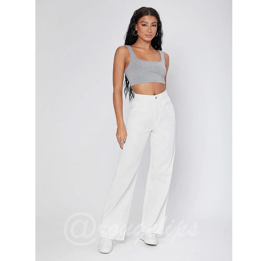90s Style White Wide Leg Jeans High Waist Raw Hem - Picture 4 of 15